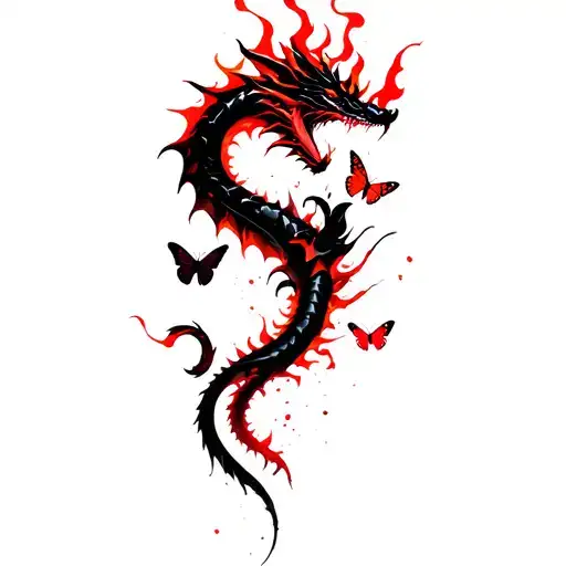 Dragon With Fire Flames With Minimal Aries Sign And Butterflies For Spine