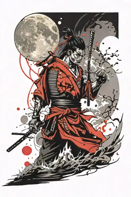 Samurai Against The Backdrop Of A Full Red Moon