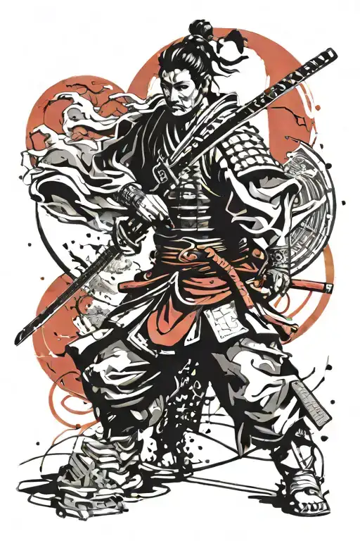 Realistic Samurai Against The Backdrop Of A Red Moon Surrounded