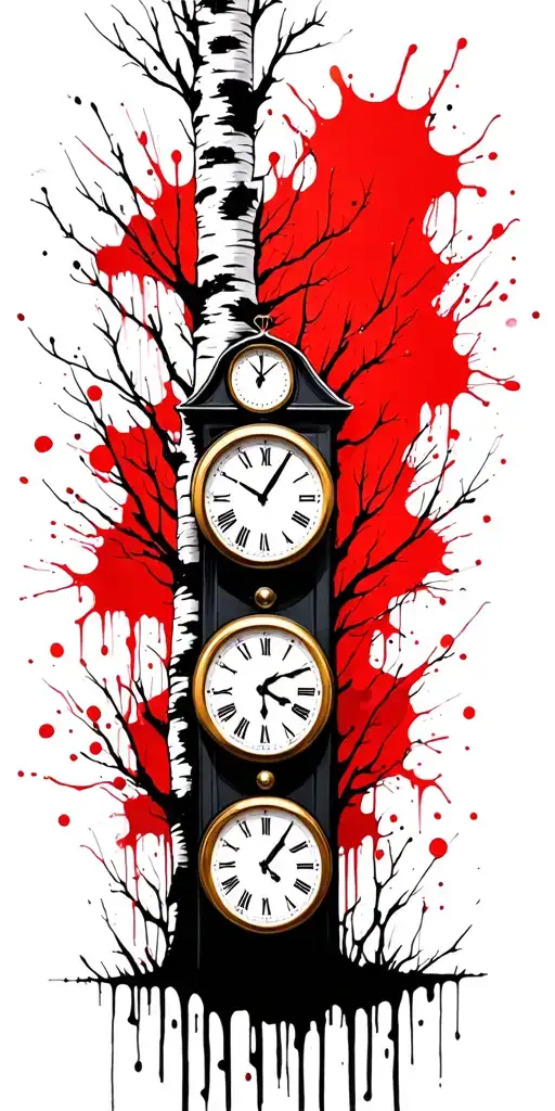 Birch Tree In Summer With Three Clocks On It