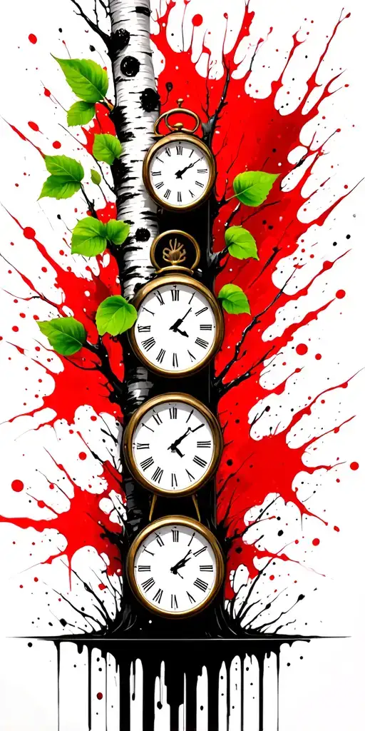 Birch Tree In Summer With Green Leaves With Three Clocks On It