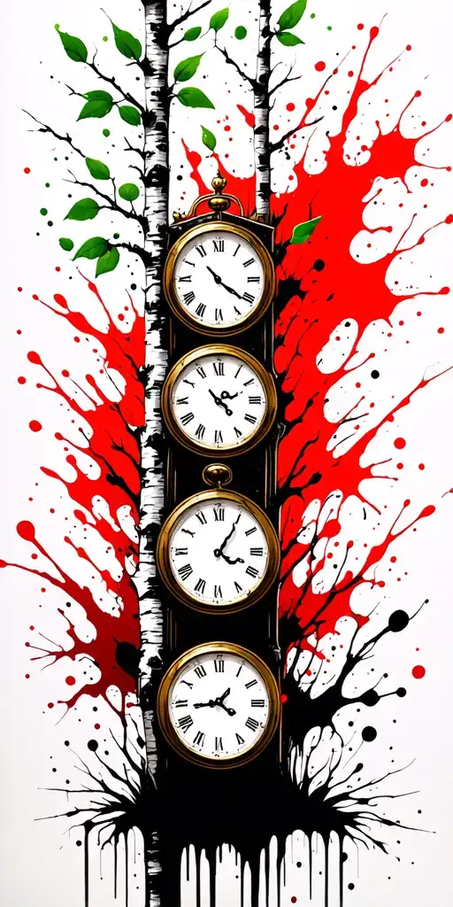 Birch Tree With Green Leaves With Three Clocks On It