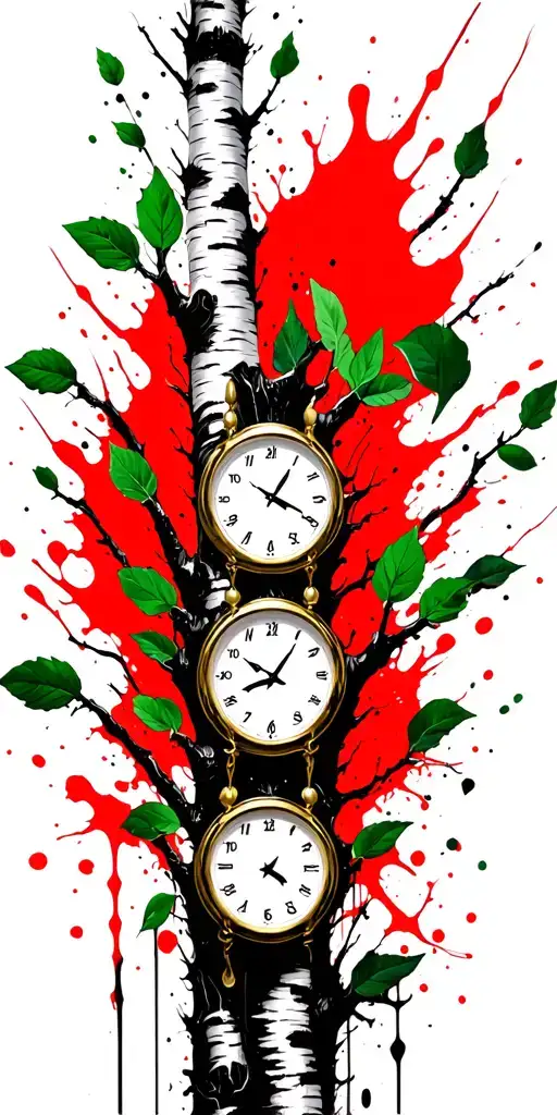 Birch Tree With Green Leaves With Three Timepieces On It