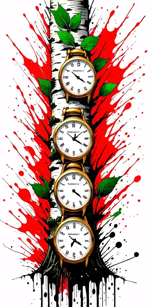 Birch Tree With Green Leaves With Three Timepieces On It