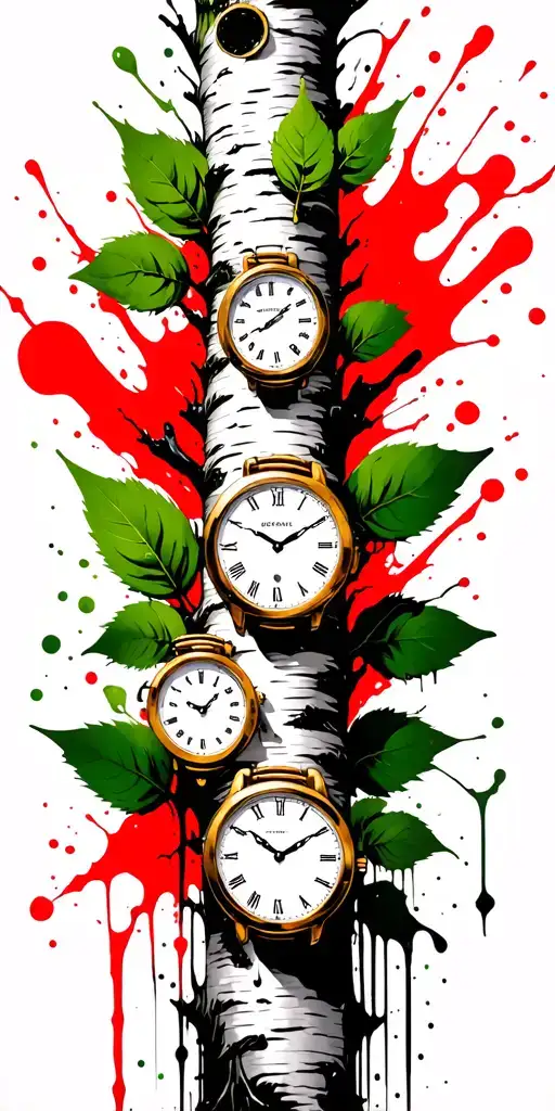 Birch Tree With Green Leaves With Three Timepieces On It
