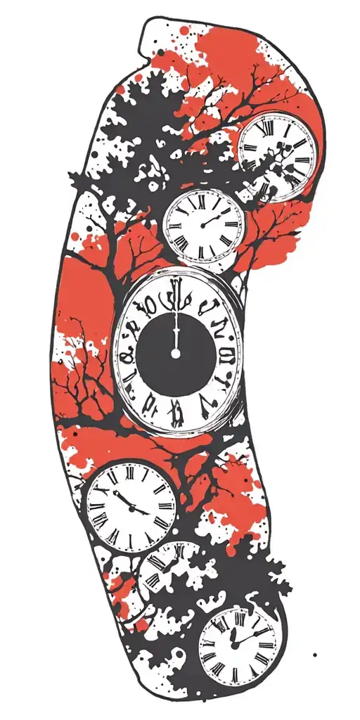Oak Tree Branches With Three Clocks Integrated Into It For An Arm Sleeve