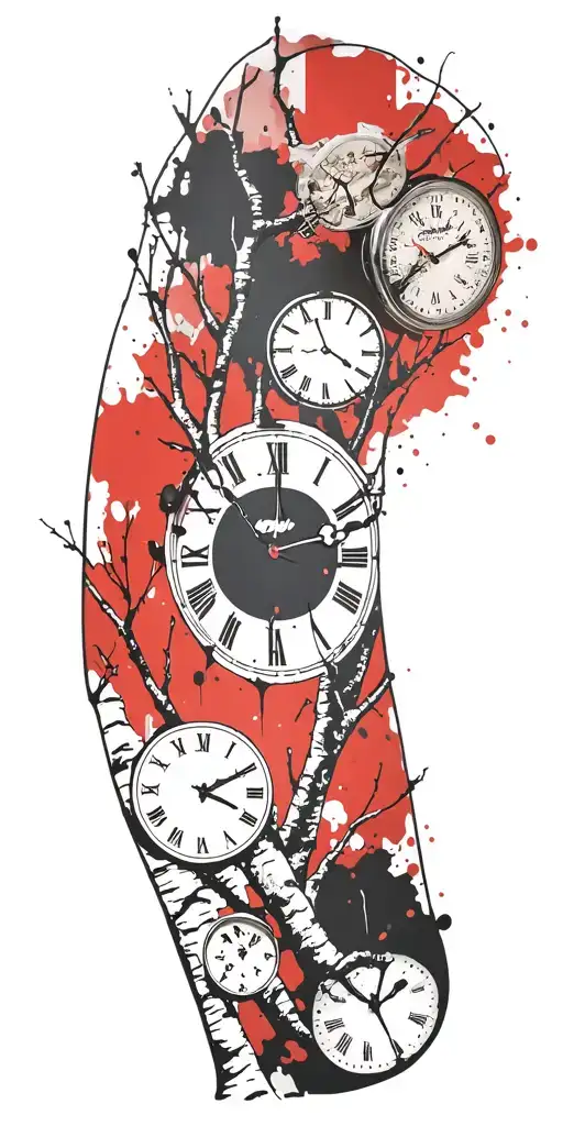 Birch Branches With Three Clocks Integrated Into It For An Arm Sleeve