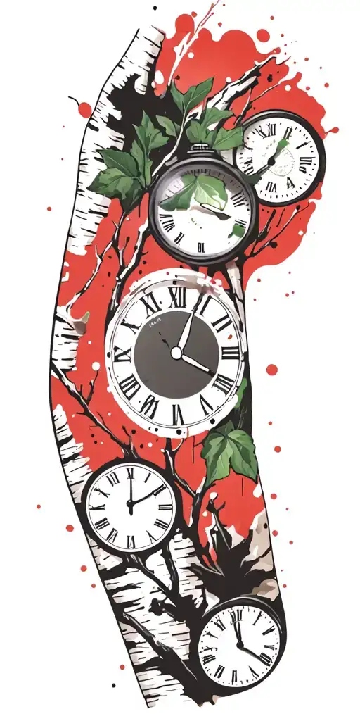 Birch Branches With Green Leaves With Only Three Clocks Integrated Into It For An Arm Sleeve