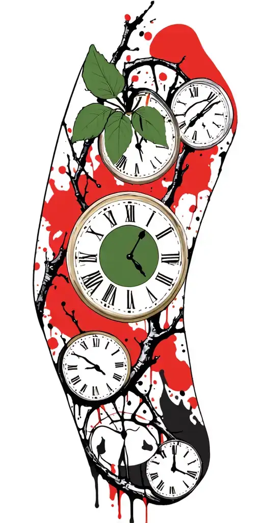 Birch Branches With Green Leaves With Only Three Clocks Integrated Into It For An Arm Sleeve