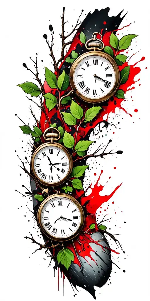 Birch Branches With Green Leaves With Only Three Clocks Integrated Into It For An Arm Sleeve