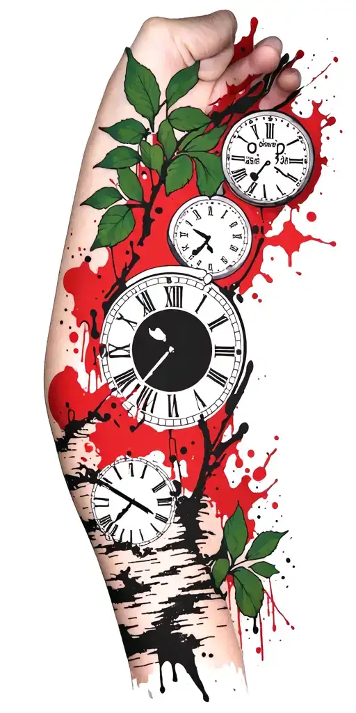 Birch Branches With Green Leaves With Only Three Clocks Integrated Into It For An Arm Sleeve