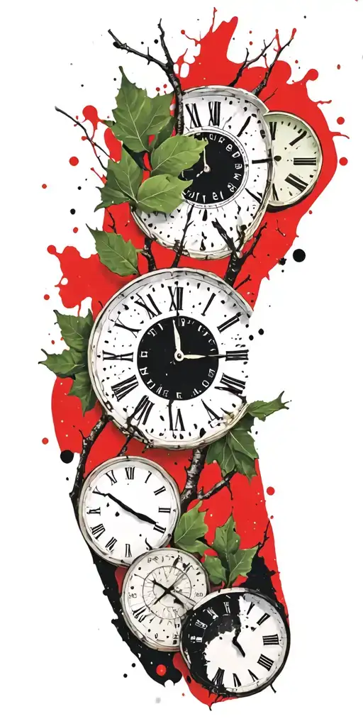 Birch Branches With Green Leaves With Only Three Clocks Integrated Into It