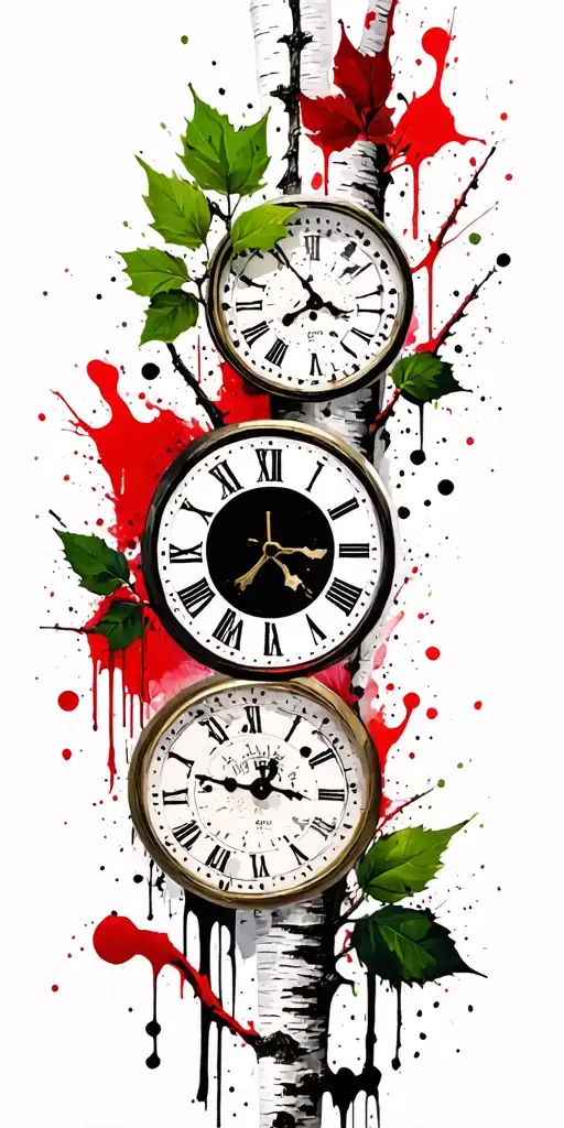 Birch Branches With Green Leaves With Only Three Clocks Integrated Into It