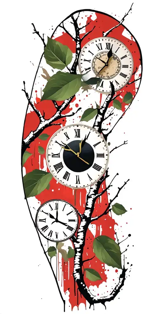 Birch Branches With Green Leaves With Only Three Clocks Integrated Into It