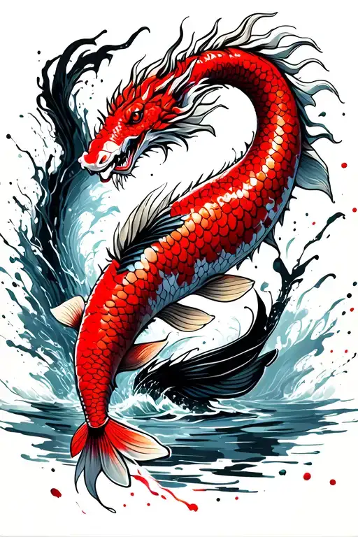 Koi Swing Up Stream Towards A Dragon