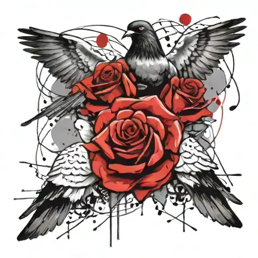 Black And White Pigeon And Rose Intertwined