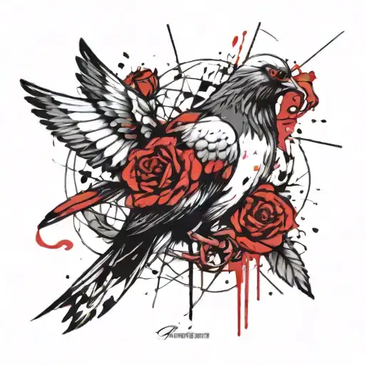 Black And White Pigeon Intertwined With A Rose
