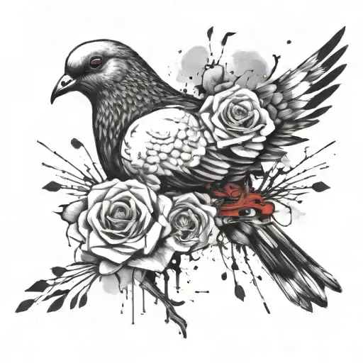 Pigeon Carrying A Black And White Rose