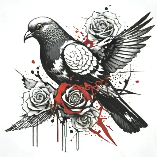 Pigeon Carrying A Black And White Rose