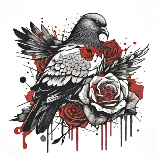 Pigeon And Red Rose Intertwined