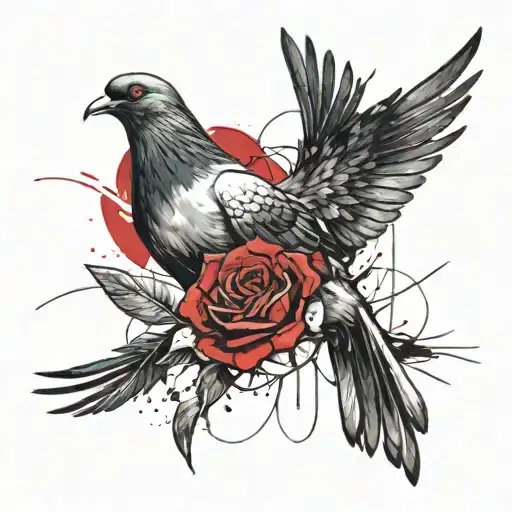 Pigeon And Red Rose Intertwined As A Memorial