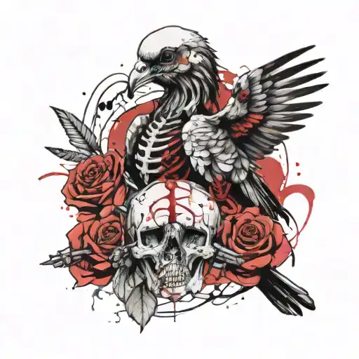 Skeleton Pigeon With Rose Intertwined