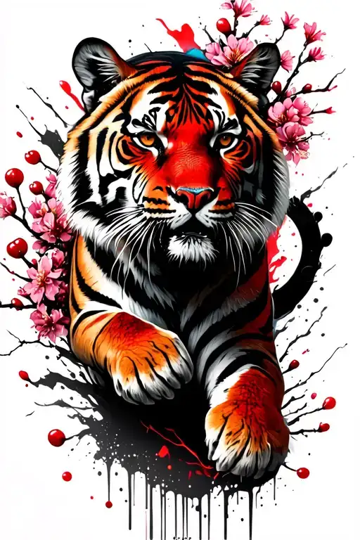 Tiger With Cherry Blossoms Climbing
