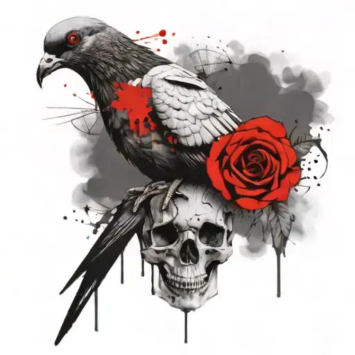Pigeon Sitting On Skull With Roses