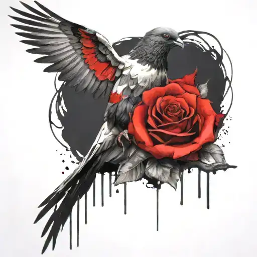 Pigeon Sitting On Skull With Roses