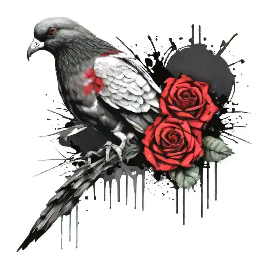 Pigeon Sitting On Skull With Roses