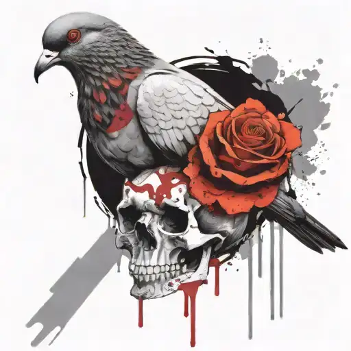 Pigeon Sitting On Skull With Roses