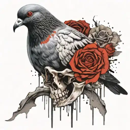 Pigeon Sitting On Skull With Roses