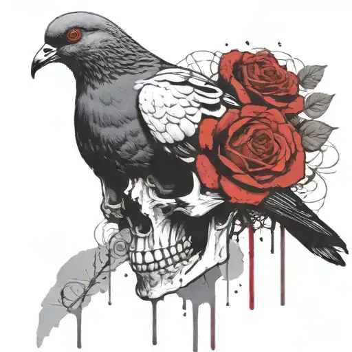 Pigeon Sitting On Skull With Roses