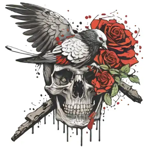 Pigeon Sitting On Skull With Roses