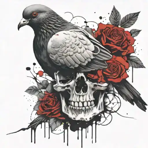 Pigeon Sitting On Skull With Roses