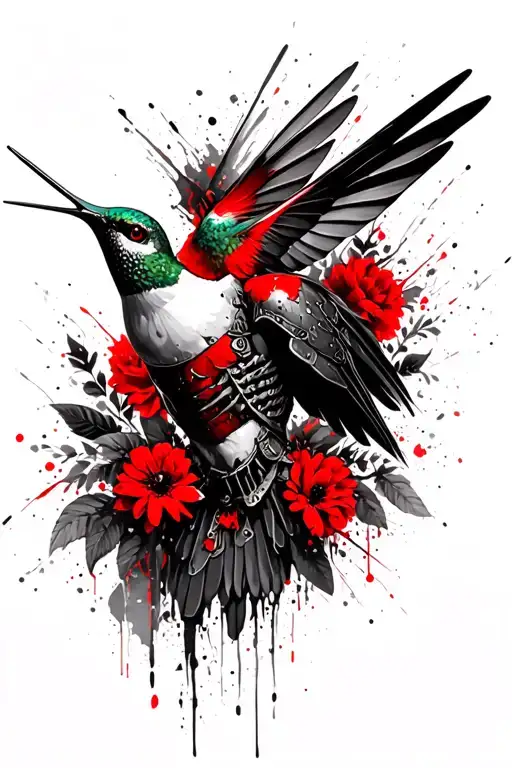 Hummingbird Wearing Armor With Skull And Flowers