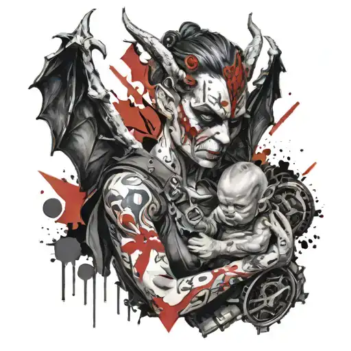 Female Gargoyle Warrior With Her Baby