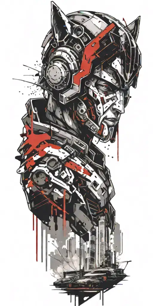 Cyberpunk City With A Spartan Helmet Above And A Wolf