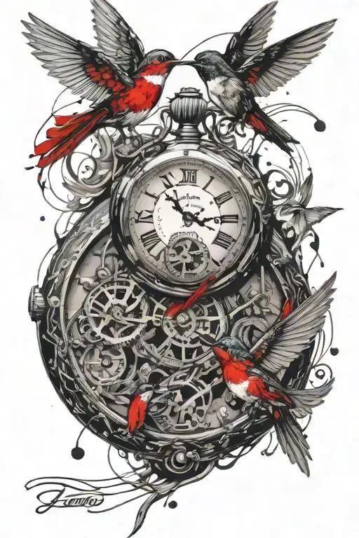 Pocket Watch With Floating Musical Notes And Hummingbirds