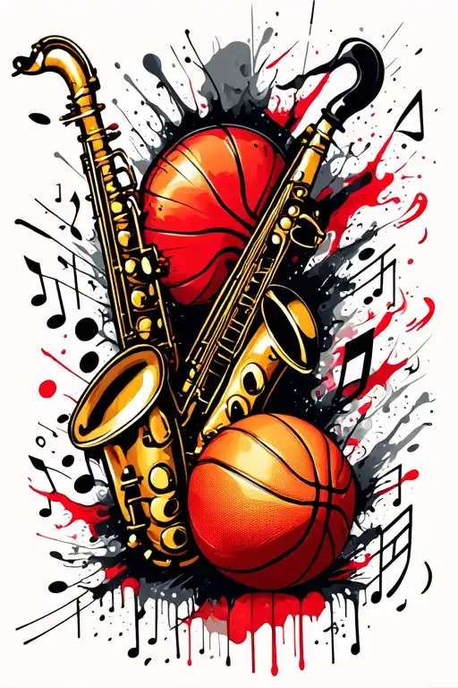 Basketball And Saxophone Surrounded My Music Notes