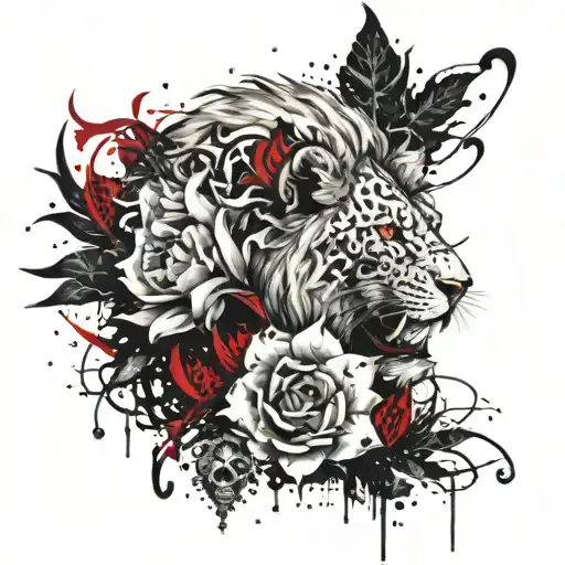 Gothic Lion Skull Lotus Flower
