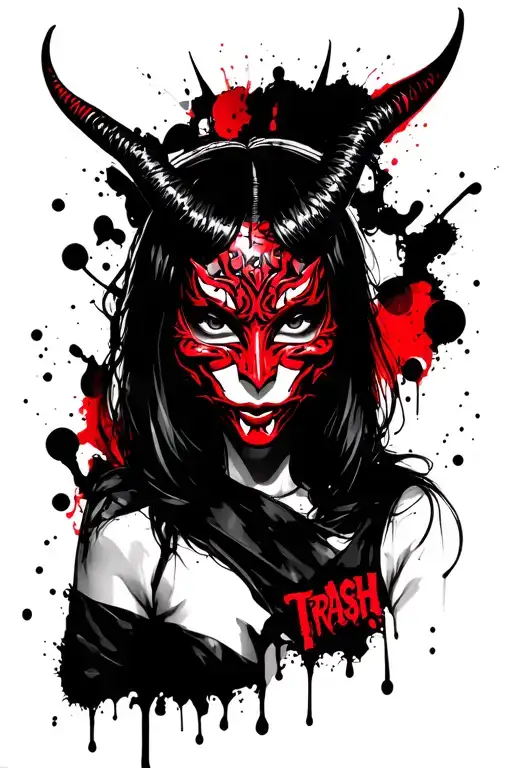 Japan Girl Face With Devil Mask Holding