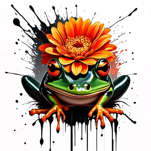 Blackworks Frog With Orange Dahlia On Forearm