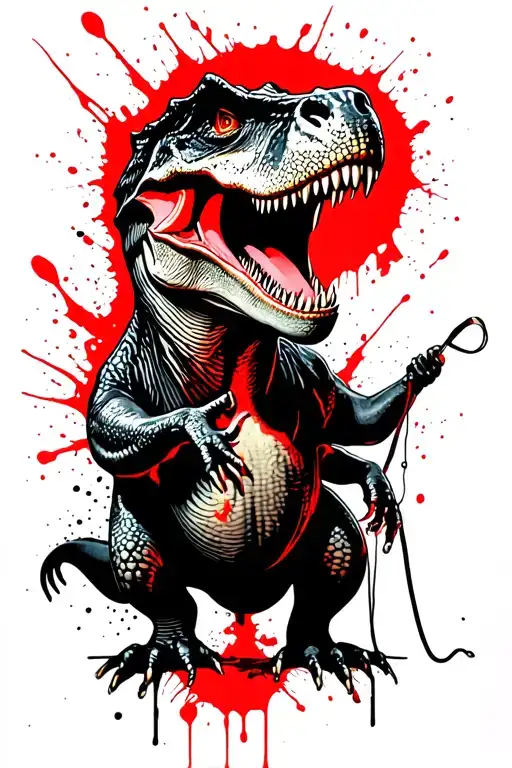 A T-rex On A Leash Being Help By Somebody