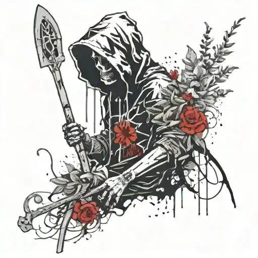 Death With A Scythe In A Hood And Flowers Below