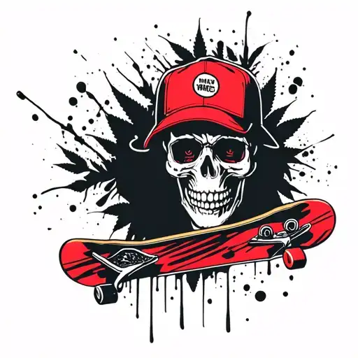 Skull Wearing Backwards Hat With A Skateboard And Potleaf