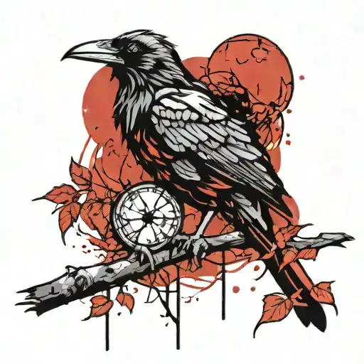 Viking Raven Perched Tree Branches Moon Surrounded