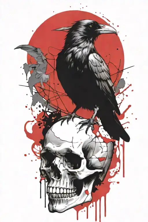 Raven Perched On Skull