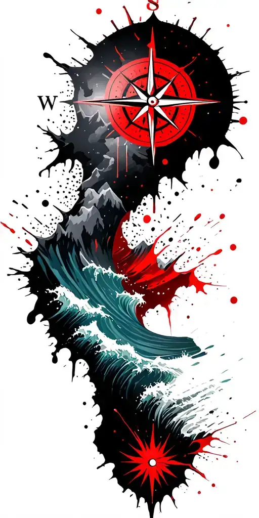 Map Outline With Compass Mountains And Waves