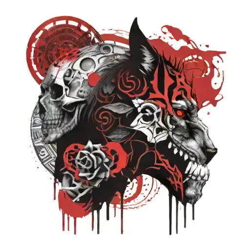 Moon And Skull And Wolf In One With Mandala